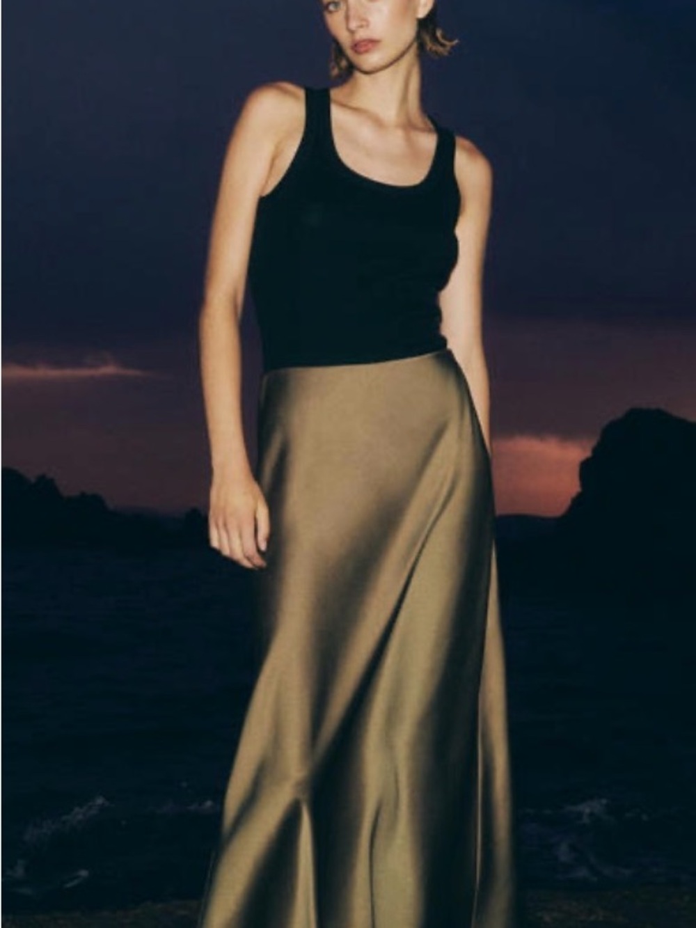H&M Olive Green Satin Midi Skirt